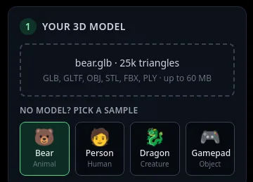 The model box after opening bear.glb, showing 25k triangles