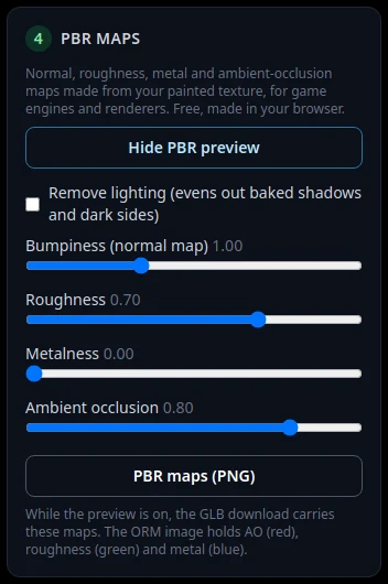The PBR maps box with sliders for bumpiness, roughness, metalness and ambient occlusion, and the PBR maps (PNG) button