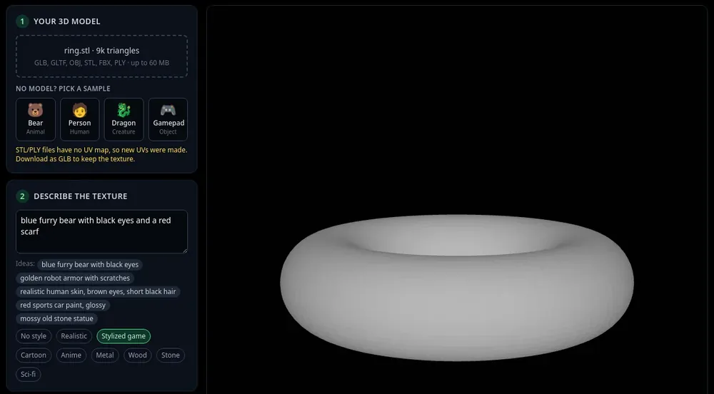 An STL ring loaded in the studio with the yellow note that new UVs were made