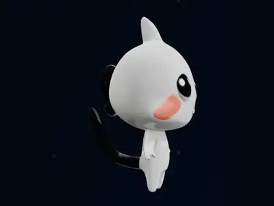 The 3D model made from the picture, a white creature shown from the side on a dark background