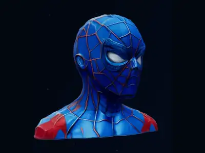 The 3D bust made from the sketch, blue and red with web lines, on a dark background