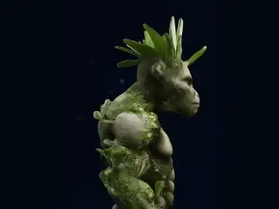 A 3D creature model with a green leafy crest and a mossy body on a dark background