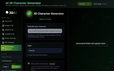 3D Character Generator page