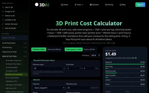 3D Print Cost Calculator page
