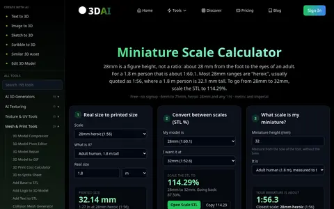 Miniature Scale Calculator page