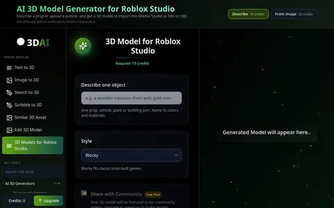 Roblox 3D Model Generator page